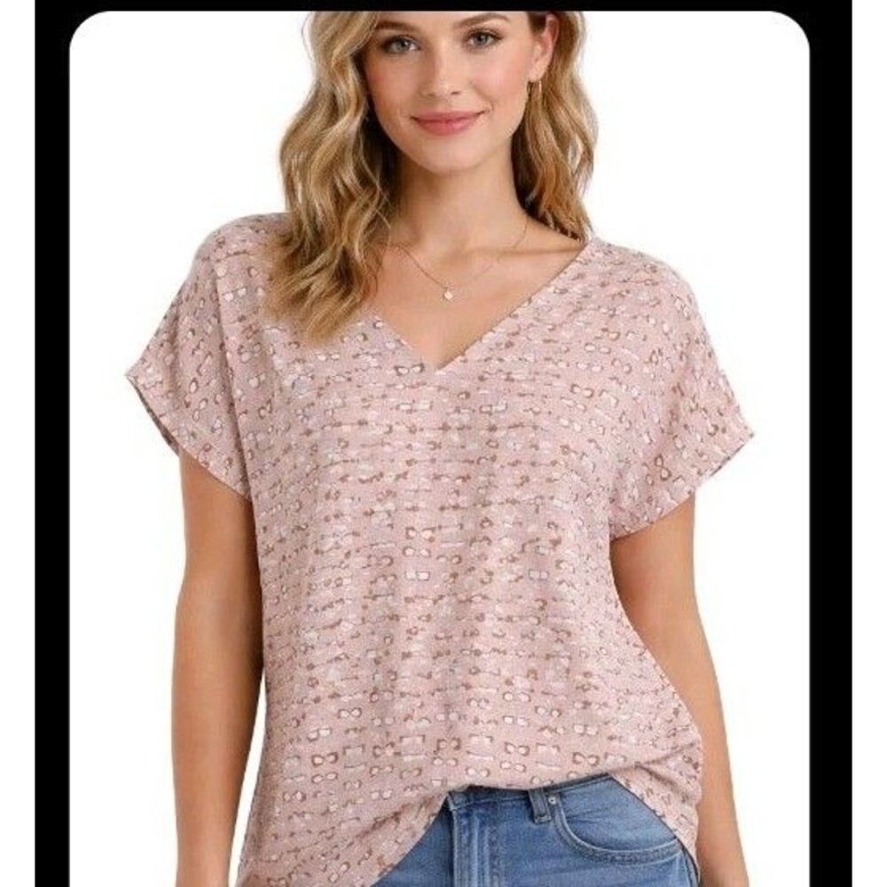 Boden 100% Linen Blouse Size 10 V Neck Eyeglass Print Pink